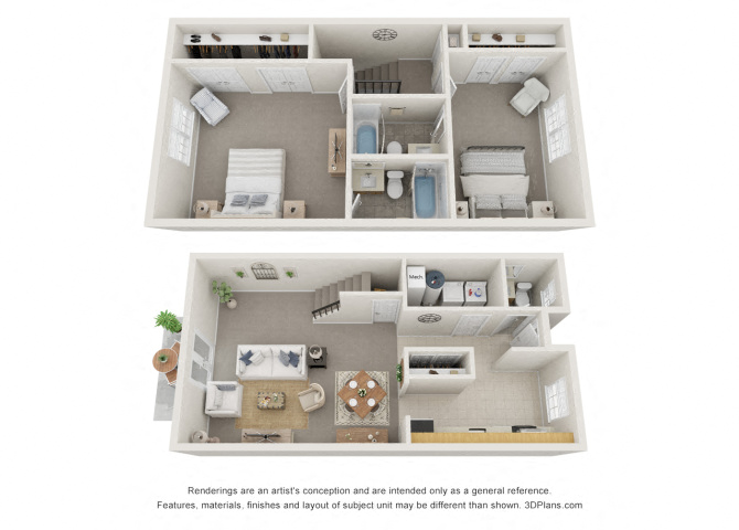 Floor plan for 2 beds, 2.5 baths, 1350 sqft